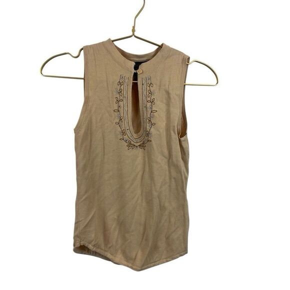 American‎ Vintage 90's Mosaic Rayon Nylon Beaded Tank Top Tan Size M Boho - Picture 1 of 7
